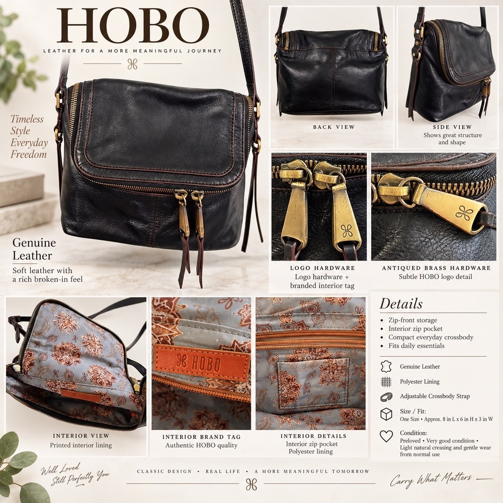HOBO International Black Leather Crossbody Bag Y2K Boho Moto Brass Tassel Zip - Picture 6 of 16